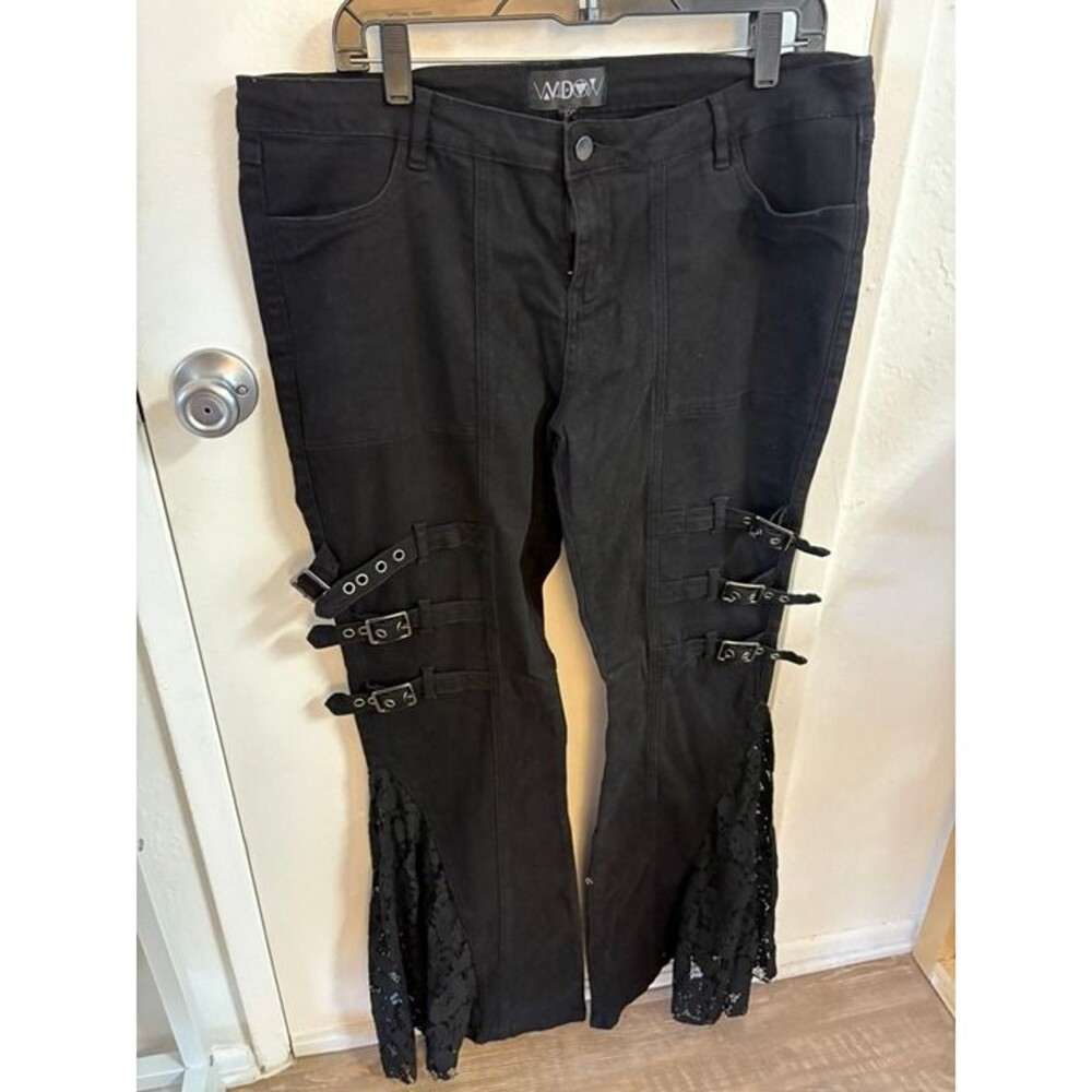 Widow by Dolls Kill "Normal Is An Illusion" Stretchy Twill Buckled Flare Pants